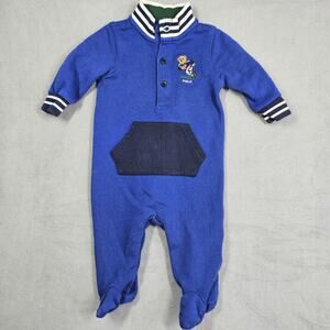 Ralph Lauren Boys 3 Months Blue Football Bear Rugby Polo One Piece Romper Snaps